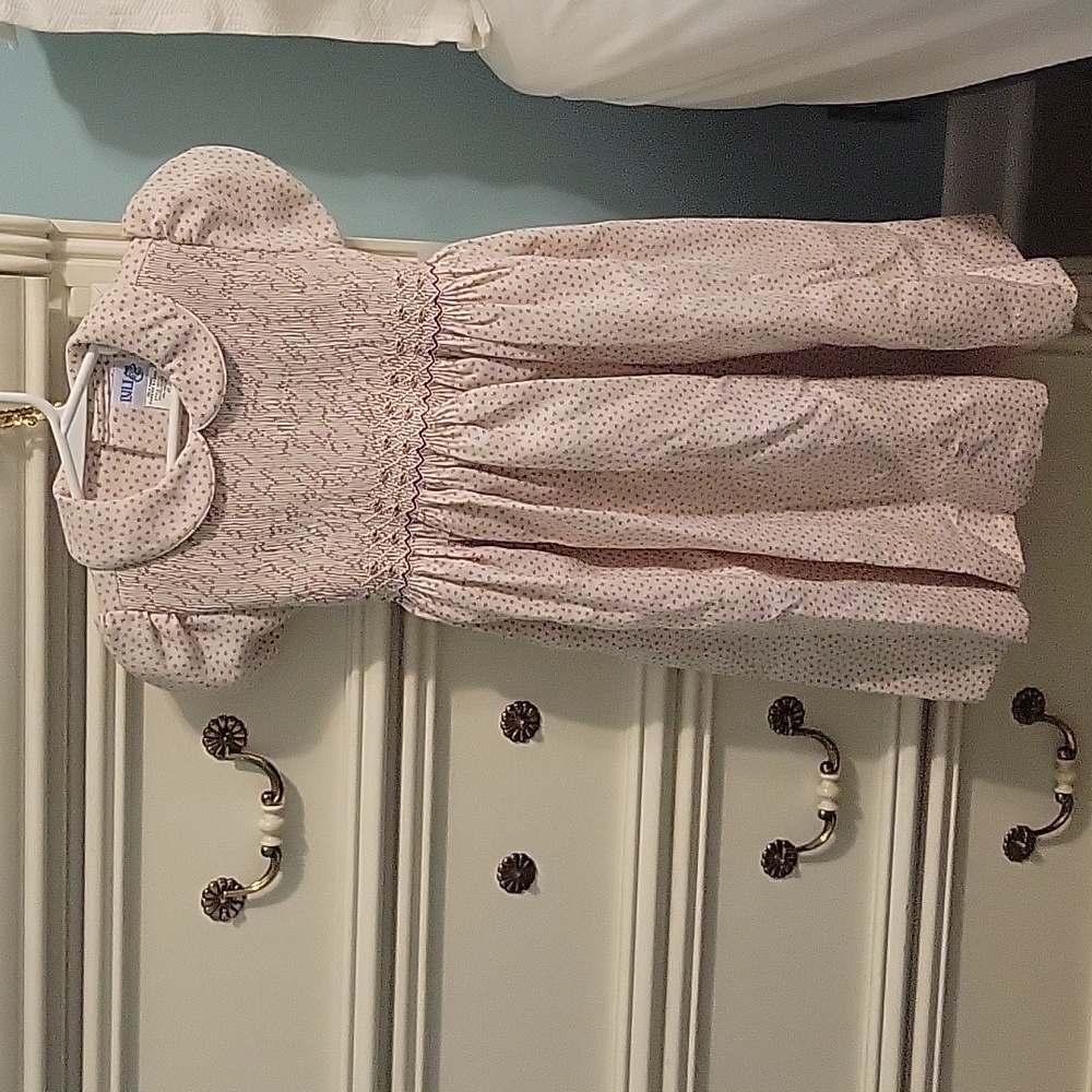 Luli & Me Pink Dot Smocked Peter Pan Collar Dress